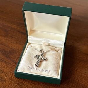 Solvar Irish Sterling Silver Marcasite Pearl Emeralds Cross Pendant Necklace